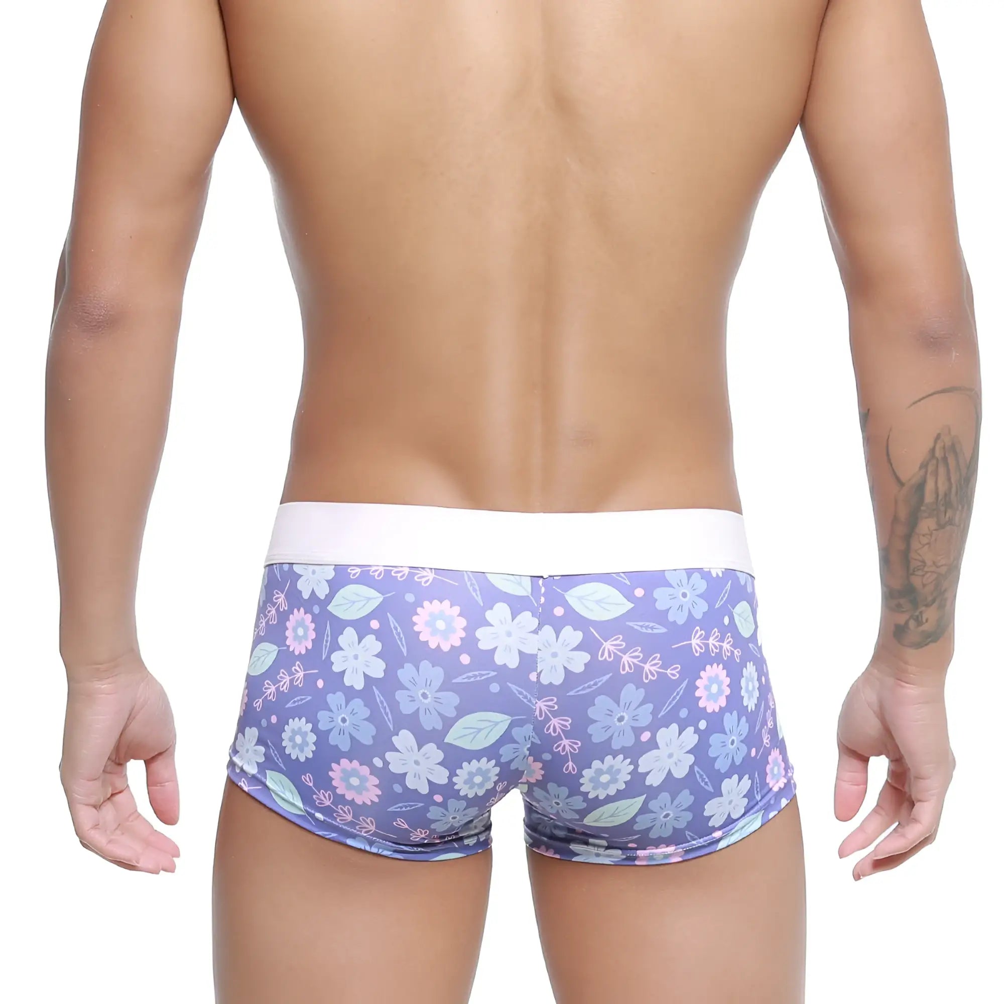 Purple floral-patterned men’s briefs with white waistband metro male wear jardin trunk 2026-15 front view