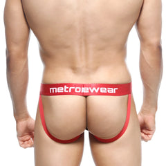 Red metrowear jock strap atractivo 3001-76 with bold white logo on waistband designed for comfortable support
