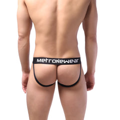 Black MetroMaleWear jock strap briefs with white lettering and supportive contoured design in sheer fabric