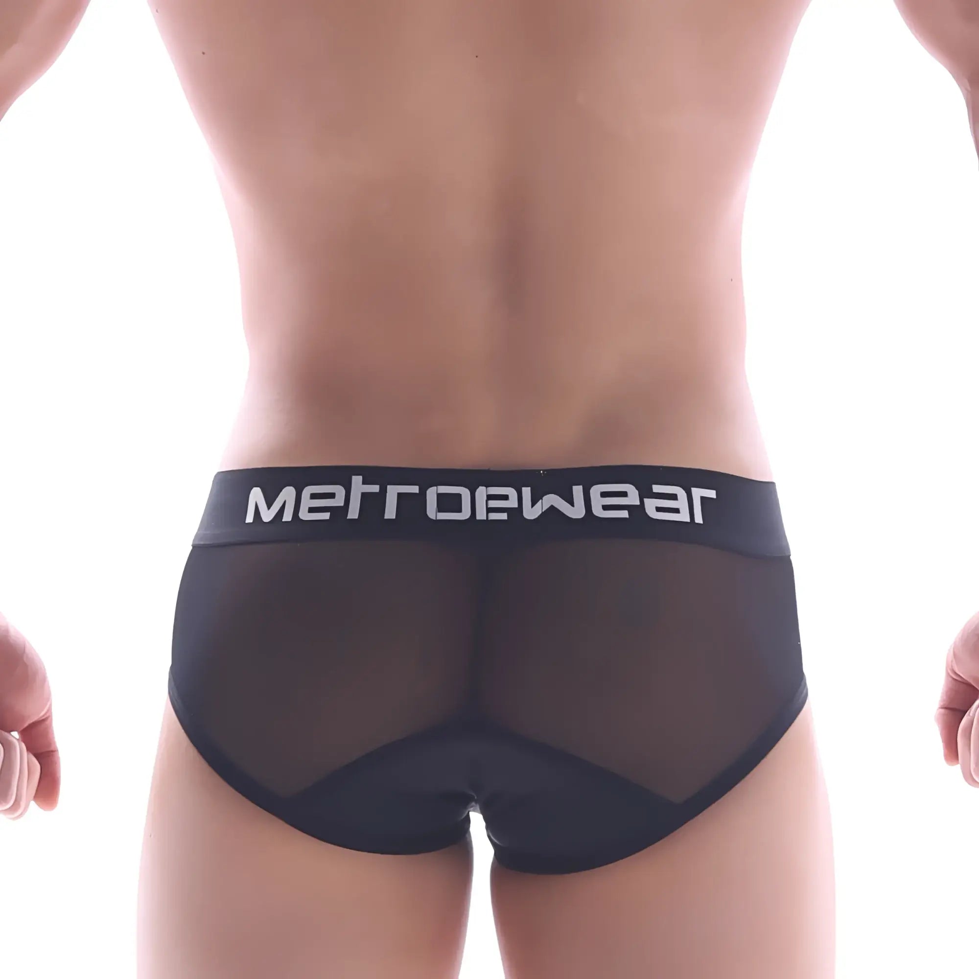 Black mesh briefs with solid black waistband and white metrowear logo from metromalewear joy mesh brief black 9004-43