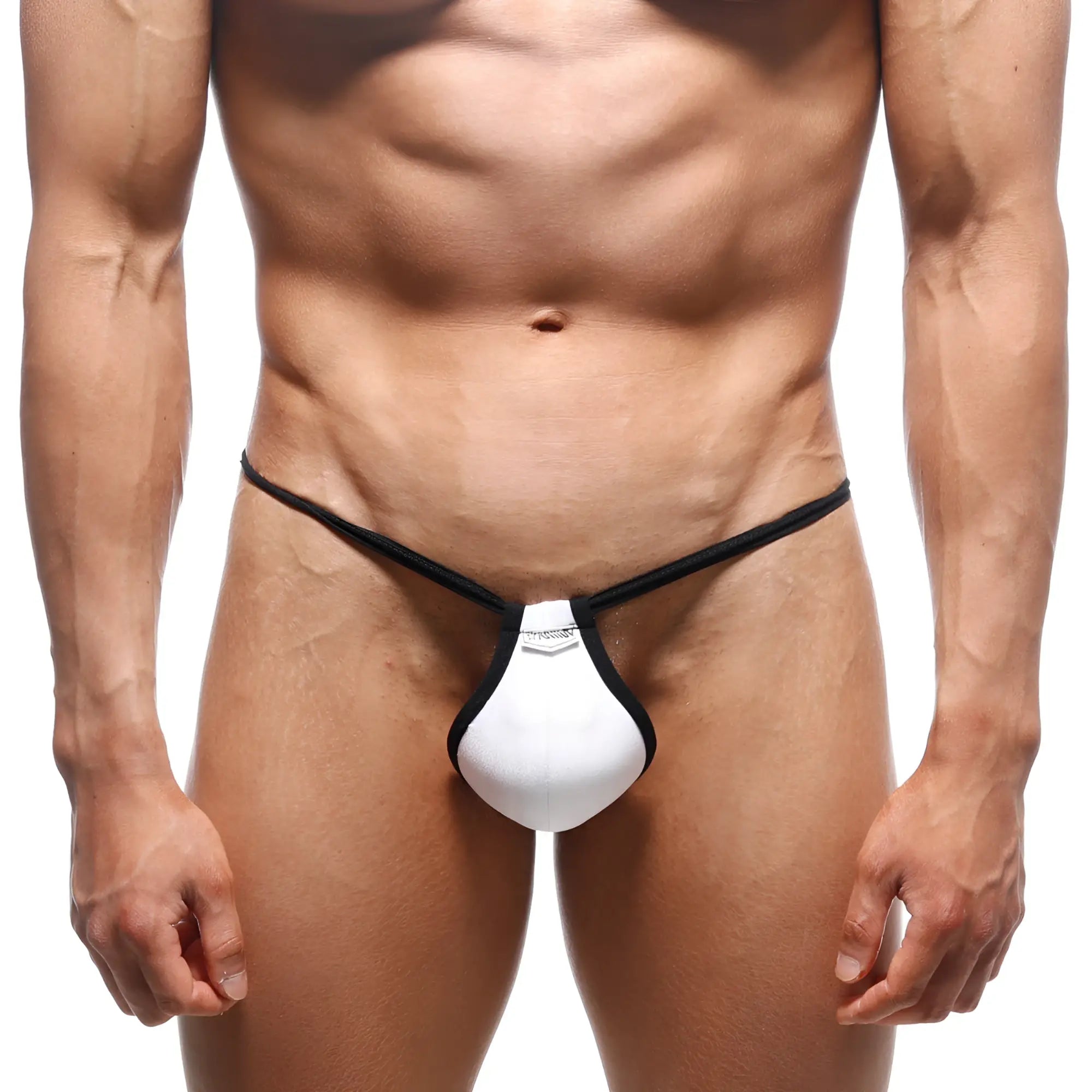 MetroMaleWear Jupiter thong white with contoured padded front panel in black and white for comfortable wear