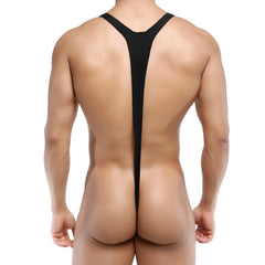MetroMaleWear Kini Black 0009-20 black form-fitting y-back bodysuit made of sleek stretchy material shown from the back