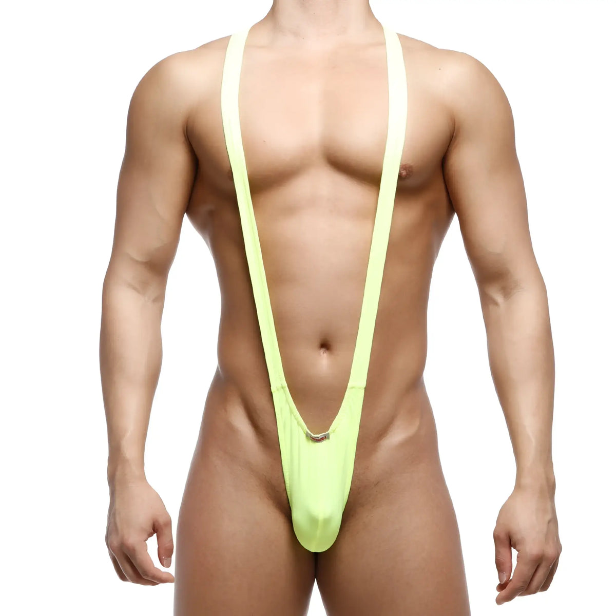 MetroMaleWear Kini neon green 0009-07 vibrant lime green one-piece swimsuit with thin shoulder straps and low-cut front