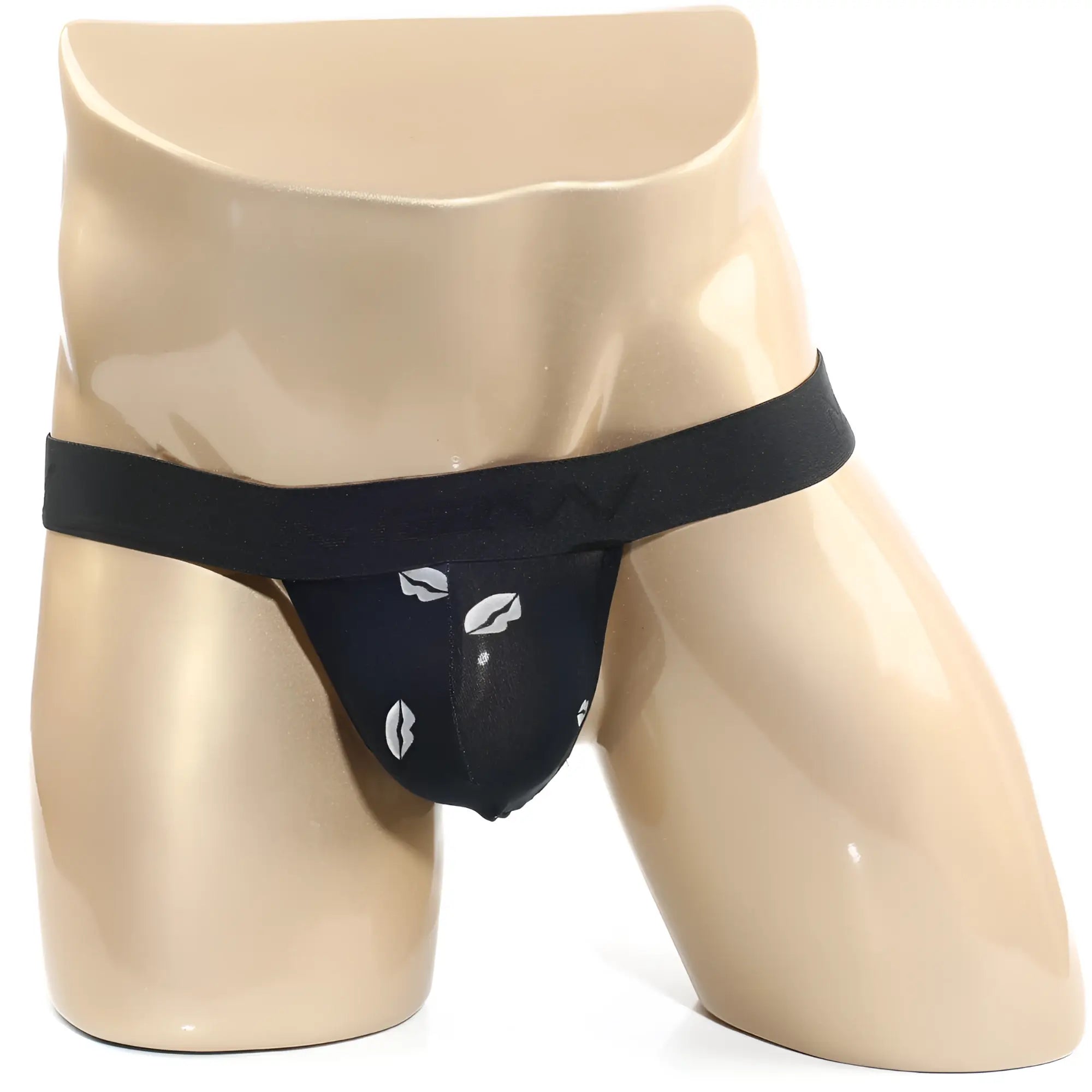 MetroMaleWear kiss black lace thong featuring a white lip print design in a seductive lingerie style