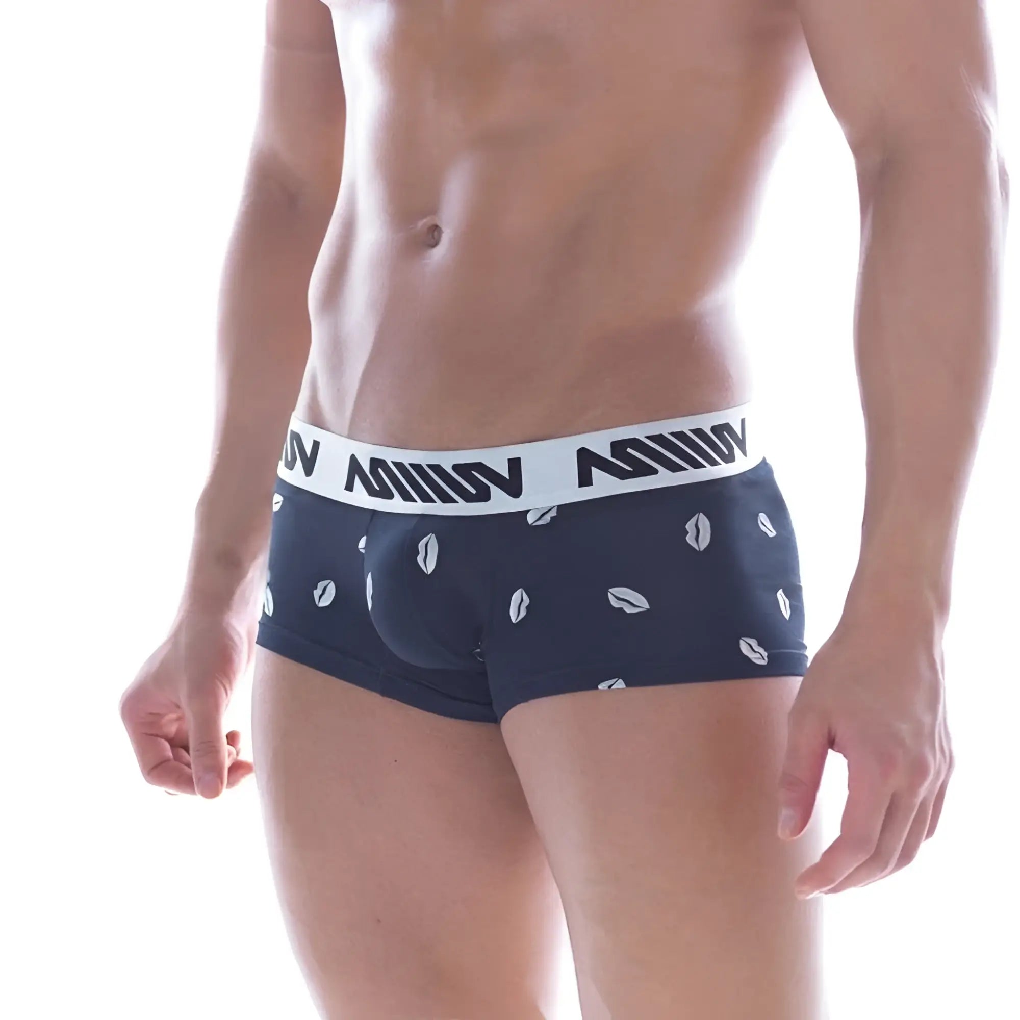 MetroMaleWear Kiss short boxer in navy blue with white coffee bean prints and white elastic waistband with miiin branding