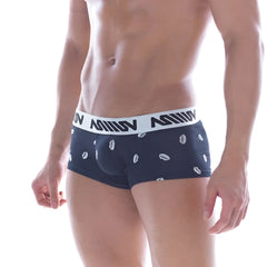 MetroMaleWear Kiss short boxer in navy blue with white coffee bean prints and white elastic waistband with miiin branding