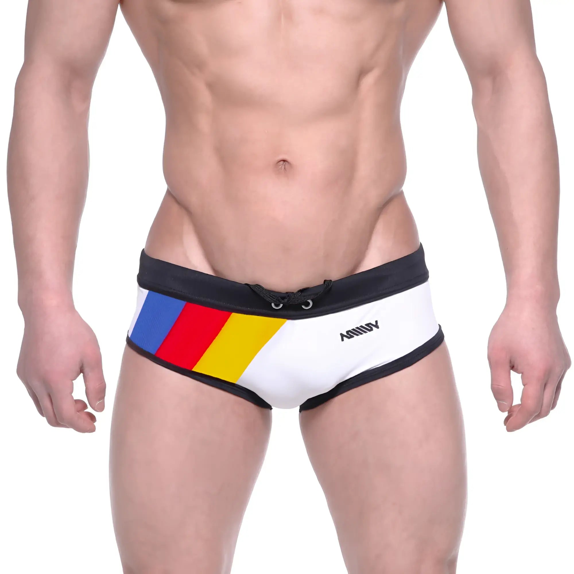White swim trunks with bold blue red and yellow diagonal stripe black trim and ammy brand on side metroMalewear briefs
