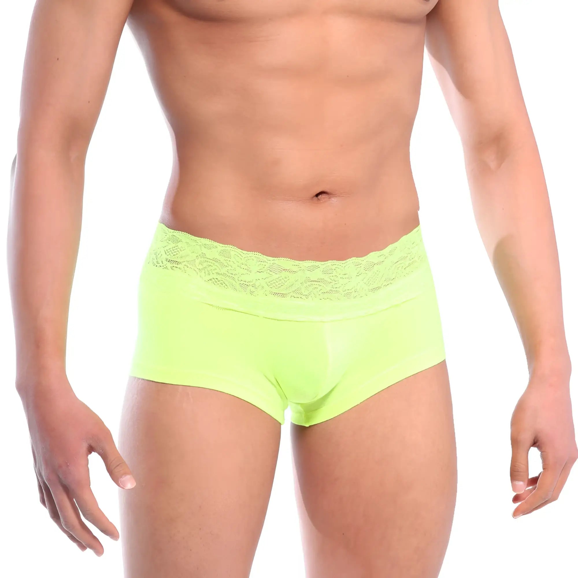 Bright neon green lace short boxer briefs with delicate lace trim at the waistband from MetroMaleWear