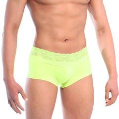 Bright neon green lace short boxer briefs with delicate lace trim at the waistband from MetroMaleWear