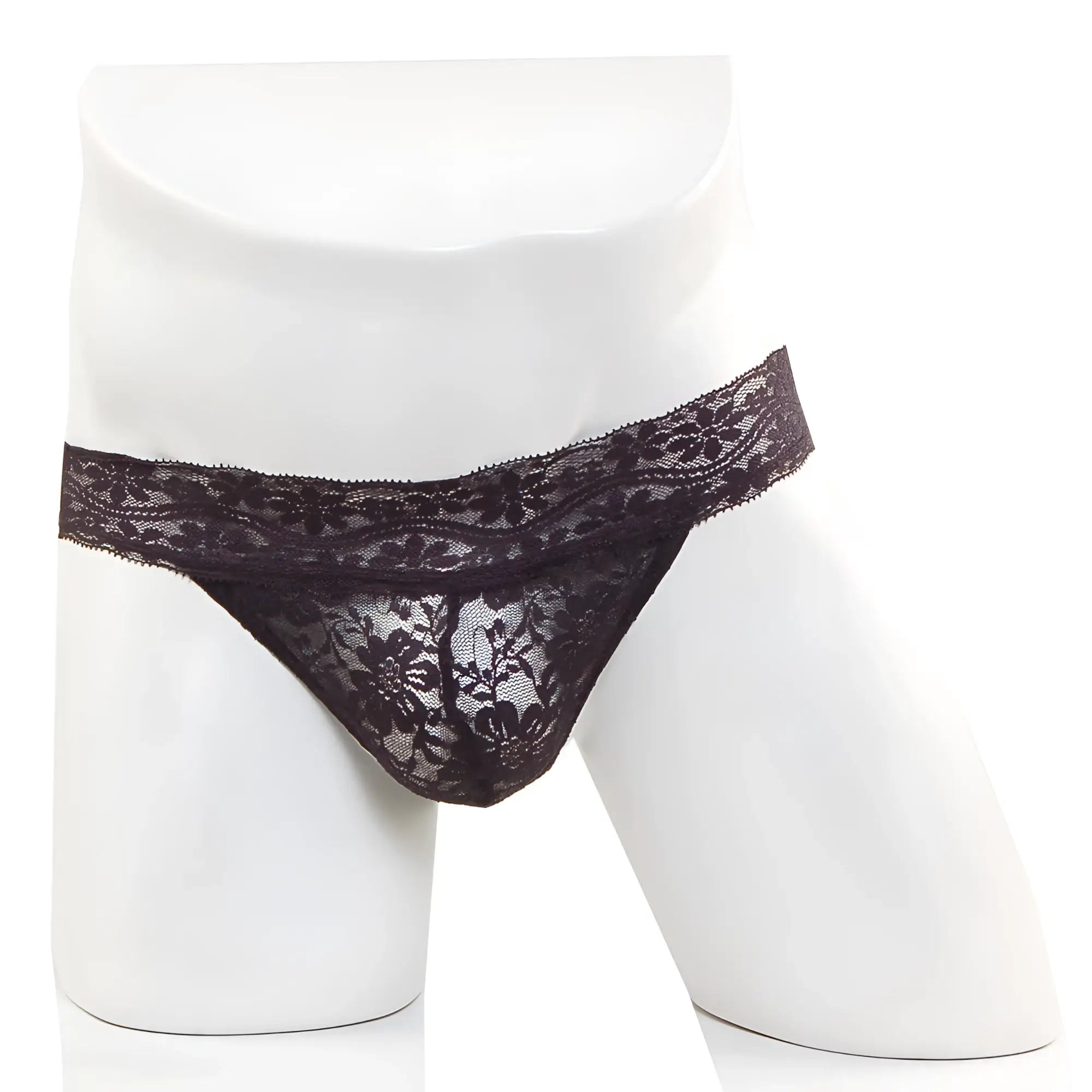 Black lace thong with floral pattern by Metromalewear in black lace fabric showing front view