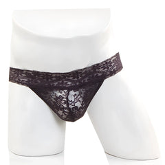 Black lace thong with floral pattern by Metromalewear in black lace fabric showing front view