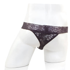 Black lace thong with intricate floral patterns and sheer design from metromalewear model 2912-71