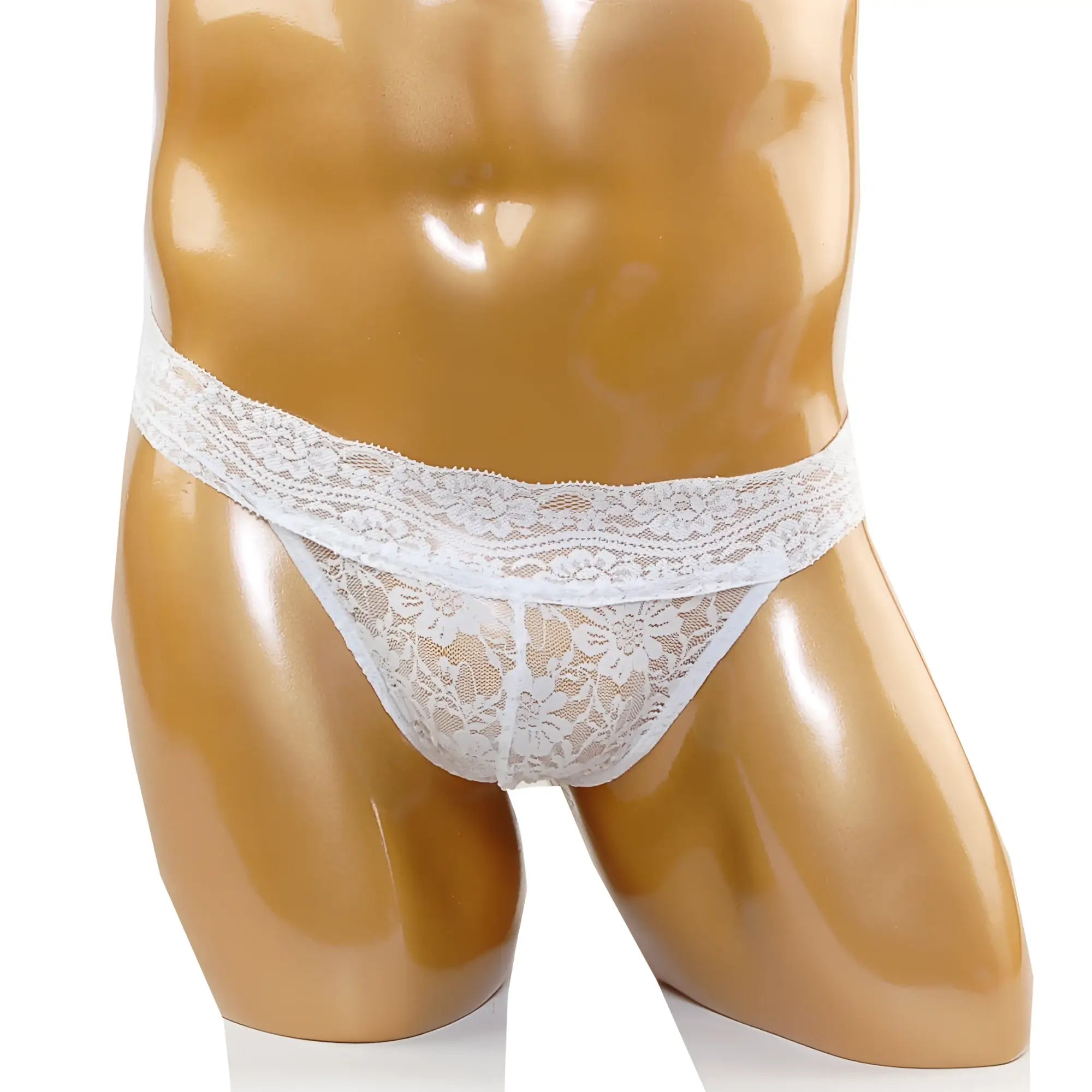 MetroMaleWear lace thong white with intricate floral patterns and delicate sheer design in a white lace fabric