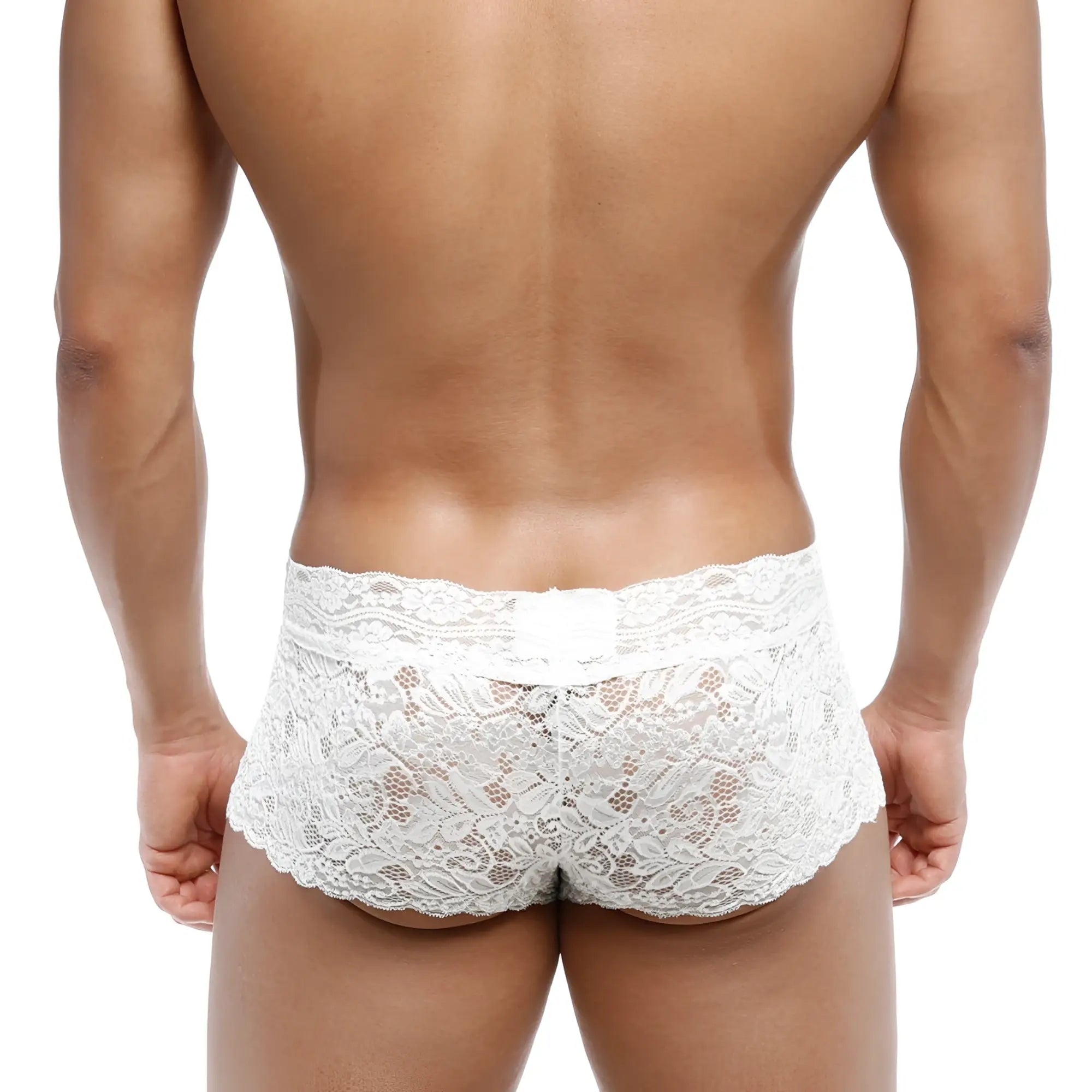 MetroMaleWear lace trunk white 2613-00 featuring white lace briefs with intricate floral patterns and scalloped hemline
