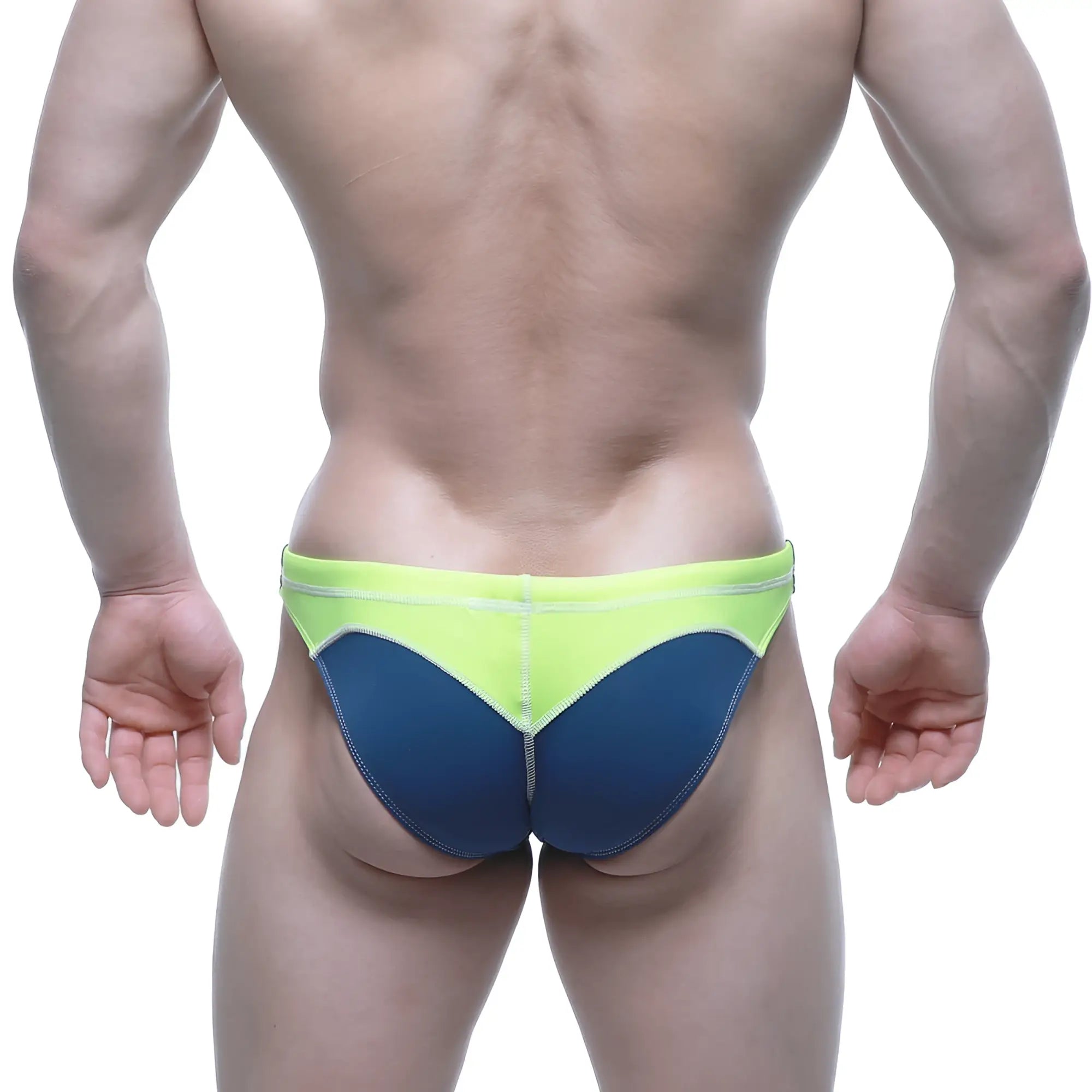 Vibrant neon green and deep blue two-tone swim bikini by metromalewear with sleek modern design for swimwear use