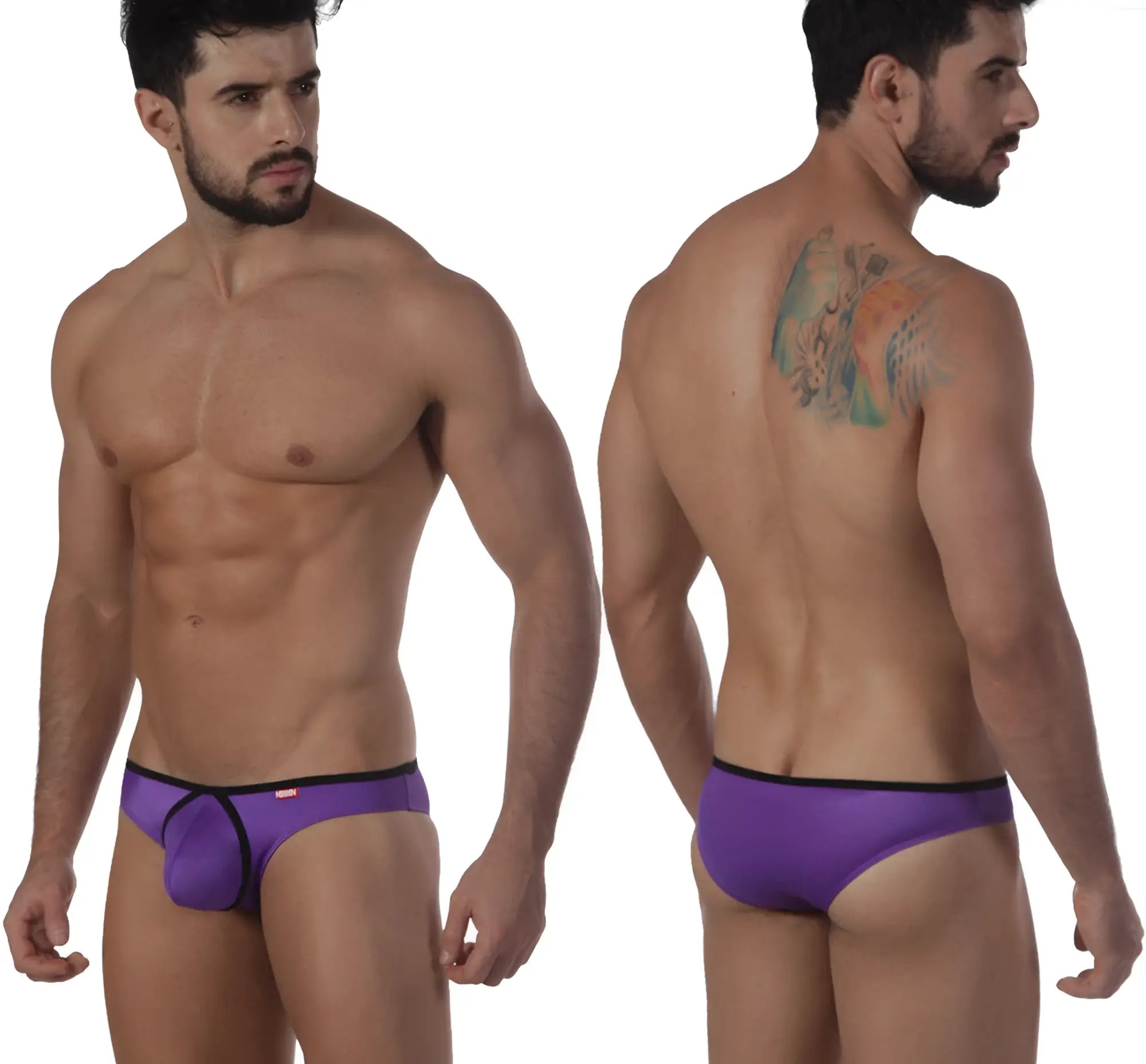 Purple metro malewear lasso bikini briefs with black trim designed for athletic comfort and style