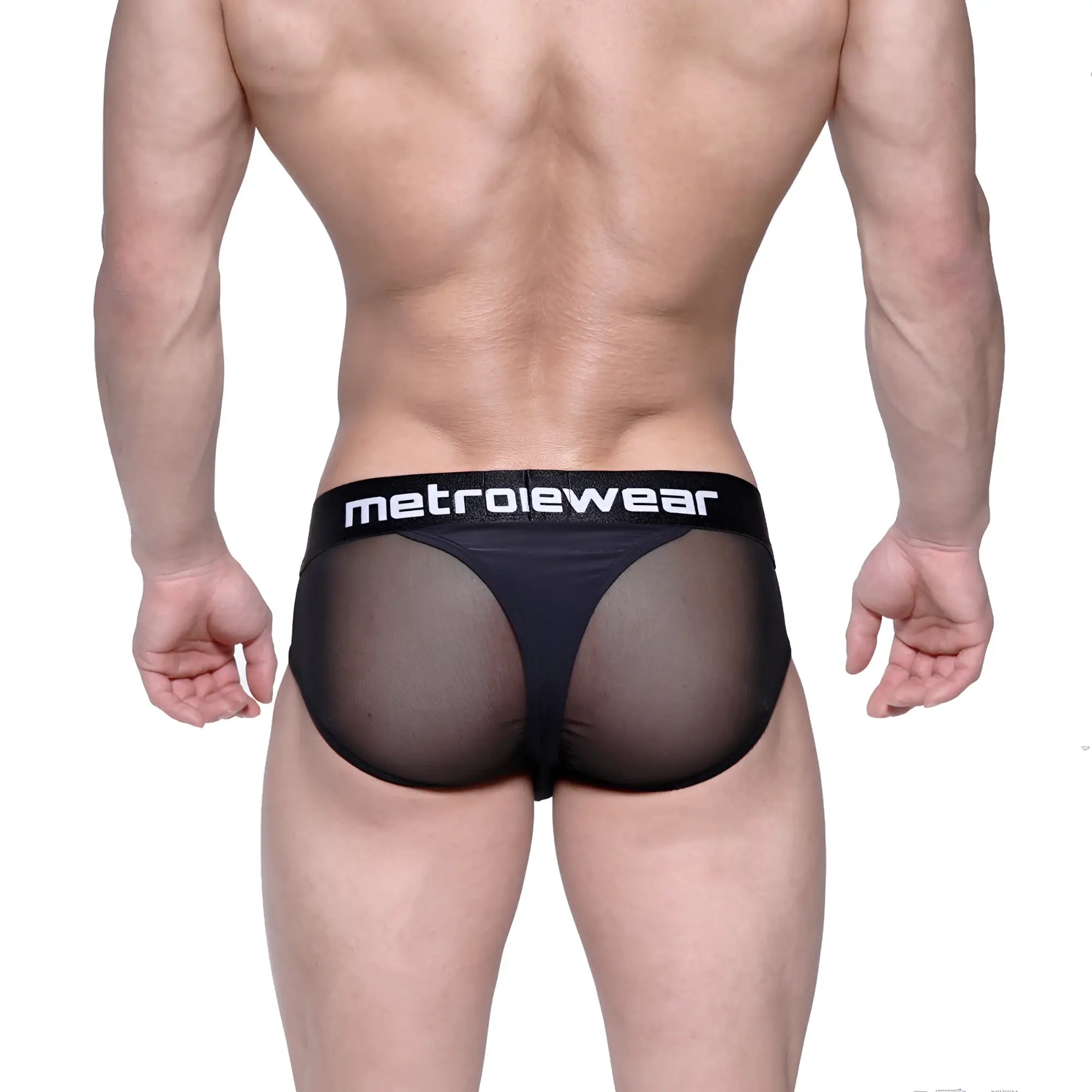 Black mesh layered hip briefs with solid black waistband featuring metroiewear logo in white lettering