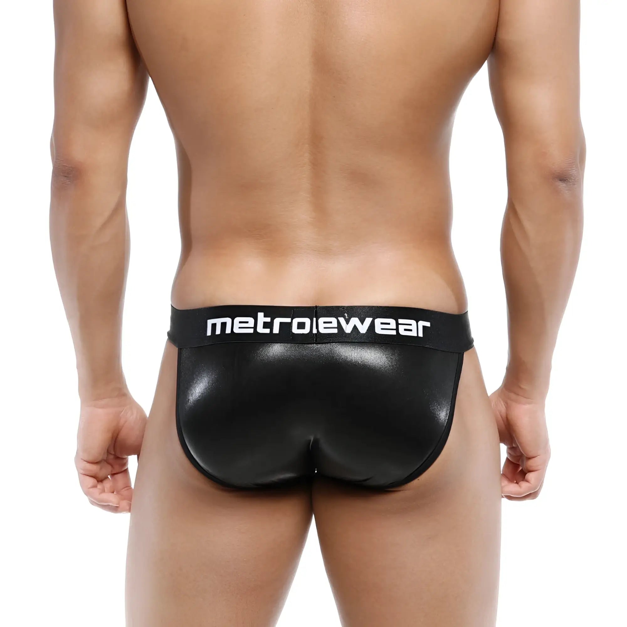 Black metallic-finish leather bikini briefs with metroiewear branding on waistband metro malewear 3004-f20