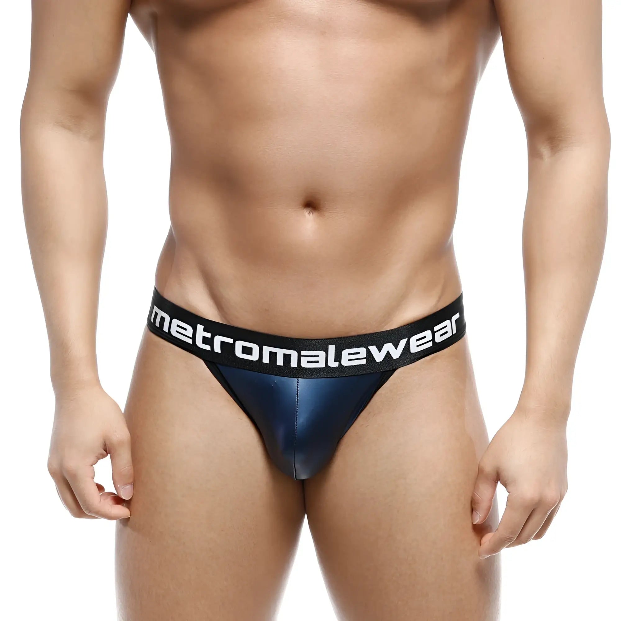 Navy blue metallic leather bikini briefs with black elastic waistband and white metromalewear logo 3004-F28