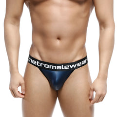 Navy blue metallic leather bikini briefs with black elastic waistband and white metromalewear logo 3004-F28