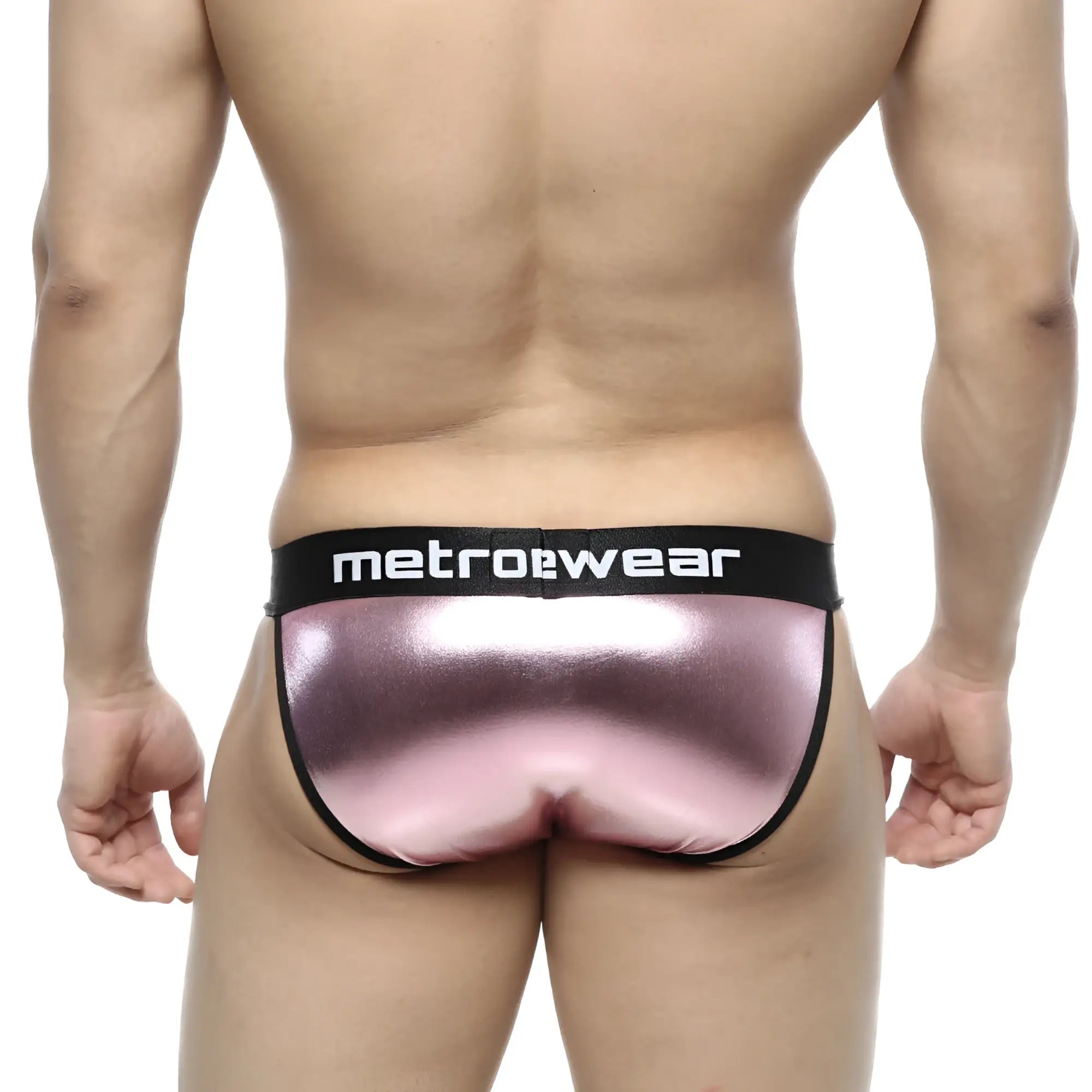 Pink metallic leather briefs with black metrowear waistband metroMalewear leather bikini pink 3004-F02