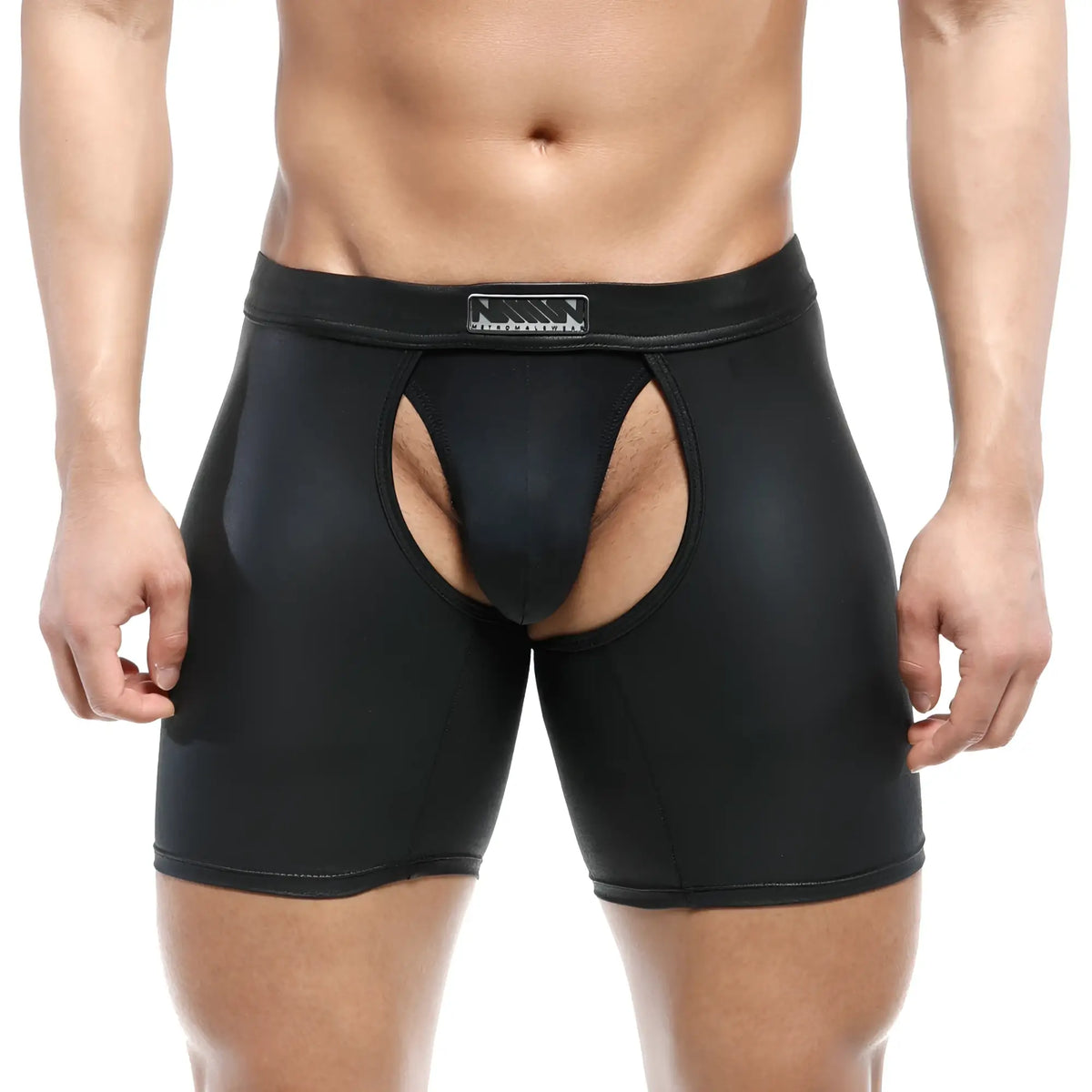 Black glossy faux leather briefs with central cutout and rectangular logo patch on waistband metroMalewear leather chaps 0011