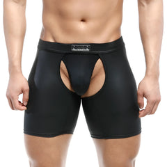 Black glossy faux leather briefs with central cutout and rectangular logo patch on waistband metroMalewear leather chaps 0011