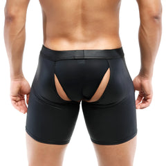 Black glossy leather briefs with distinctive cutout design on the back from metromalewear leather chaps 0011