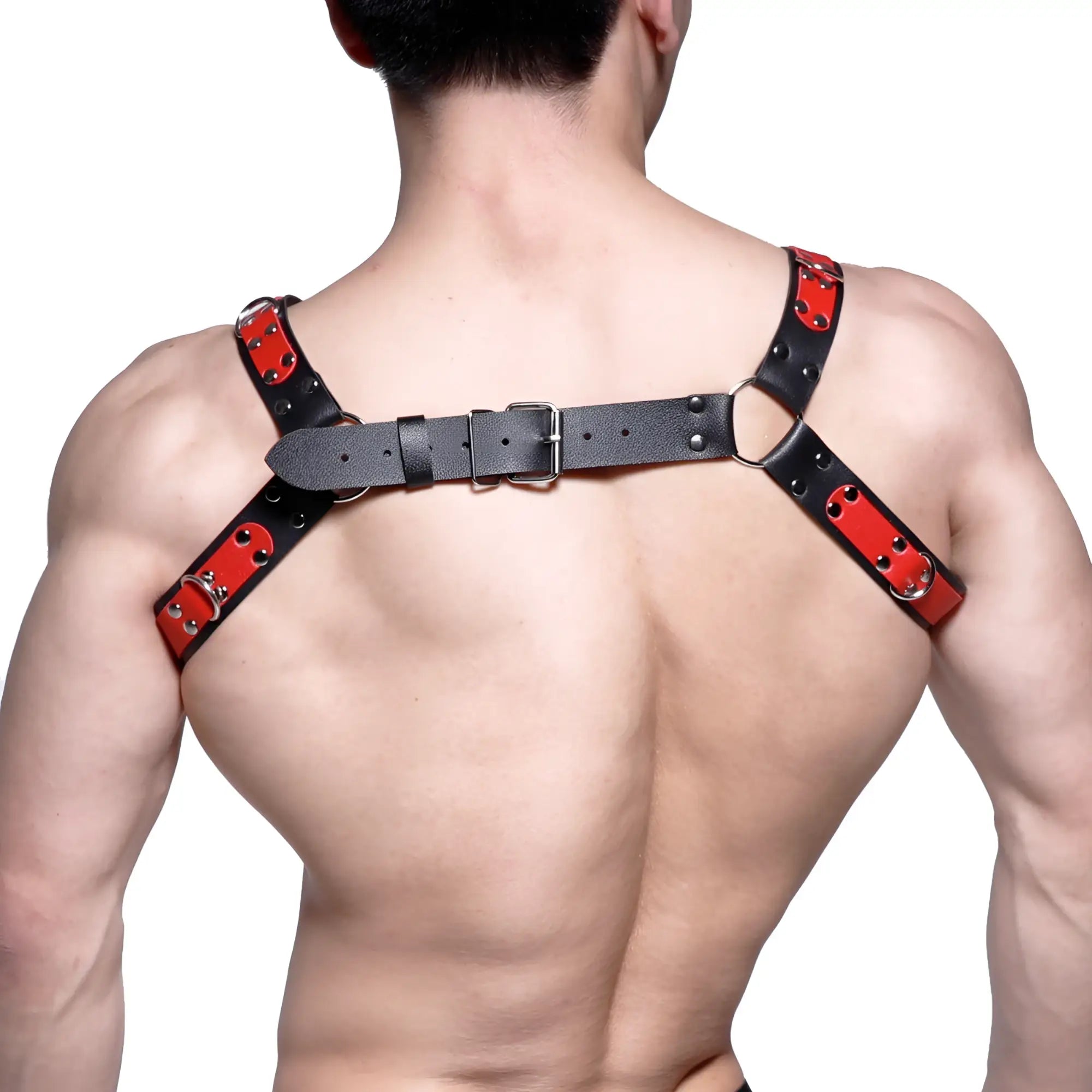 MetroMaleWear leather harness red mh2 in black and red leather with silver toned metal hardware for stylish wear