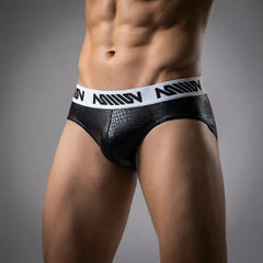 Black leather hip briefs with textured fabric and white elastic waistband branded ammun from metromalewear model 5003-86