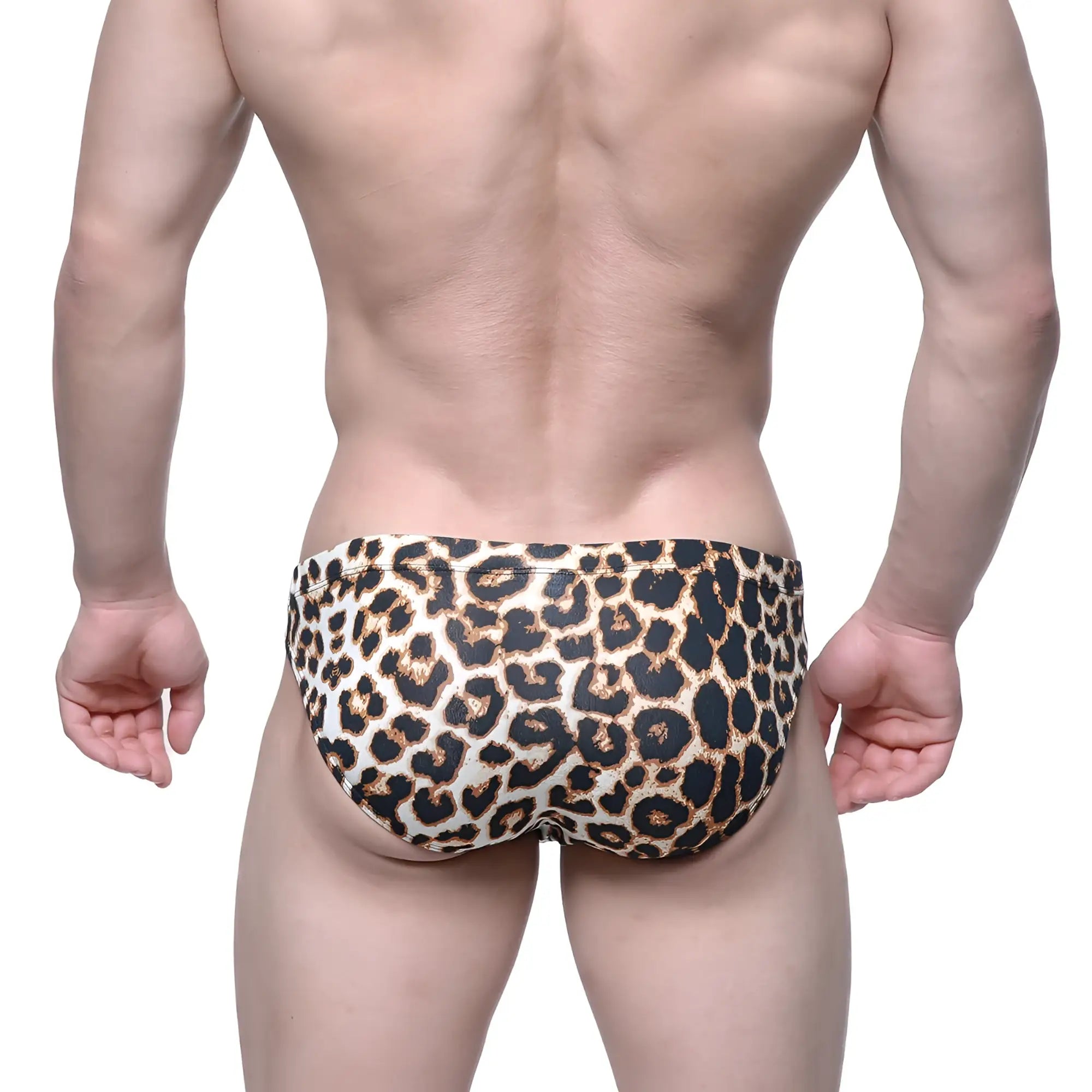 MetroMaleWear leo bikini 5103-M75 leopard-print swim trunks with bold black and tan pattern for men’s beachwear