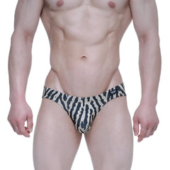 Black and cream zebra-striped men’s briefs with logo on waistband from metromalewear leopard bikini beige 5103-M64