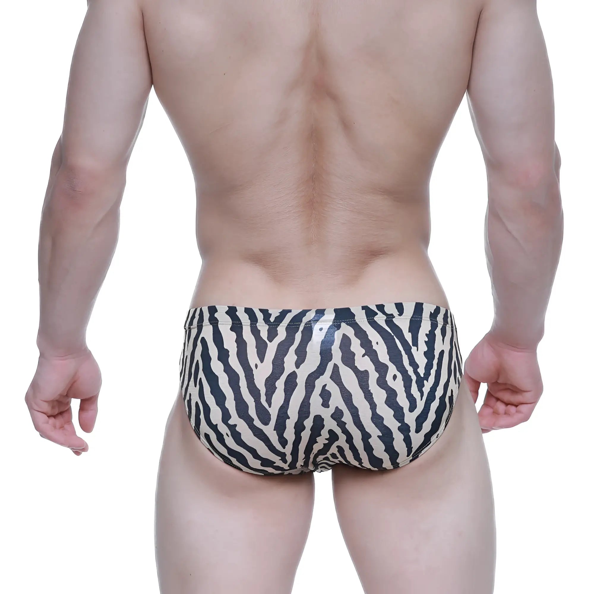 MetroMalewear leopard bikini beige swim trunks with black and white zebra stripes for stylish beachwear
