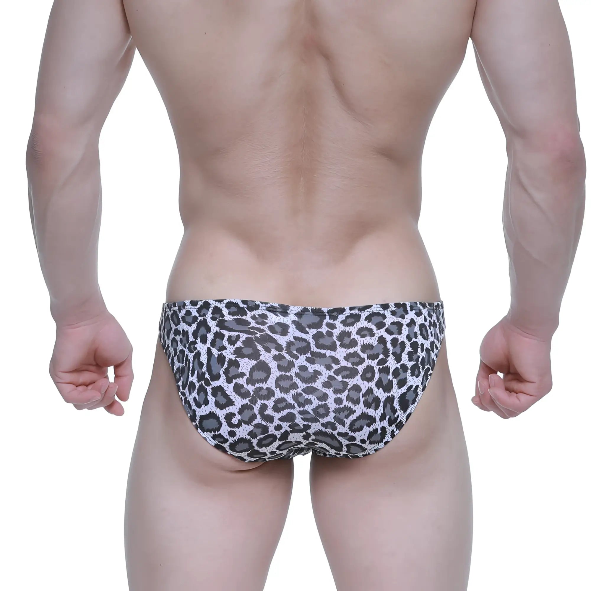 MetroMaleWear leopard hip bikini swim trunks in black with white leopard print for stylish beachwear