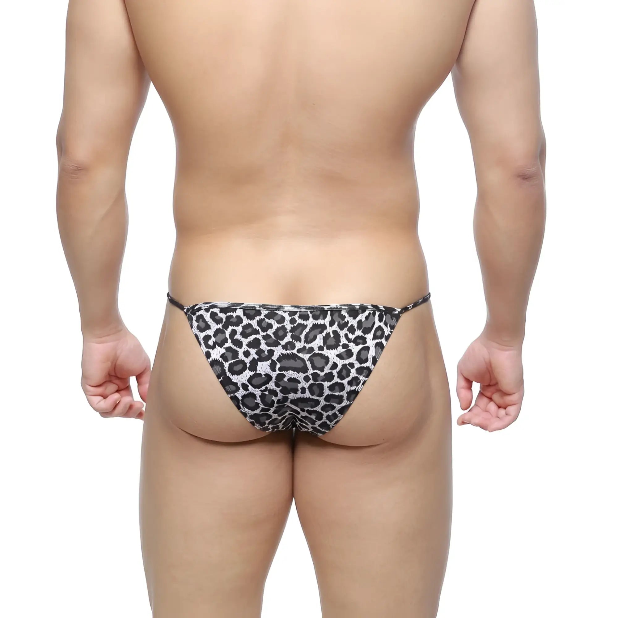 MetroMalewear leopard string bikini thong in black and white leopard print showing front side design