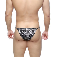 MetroMalewear leopard string bikini thong in black and white leopard print showing front side design