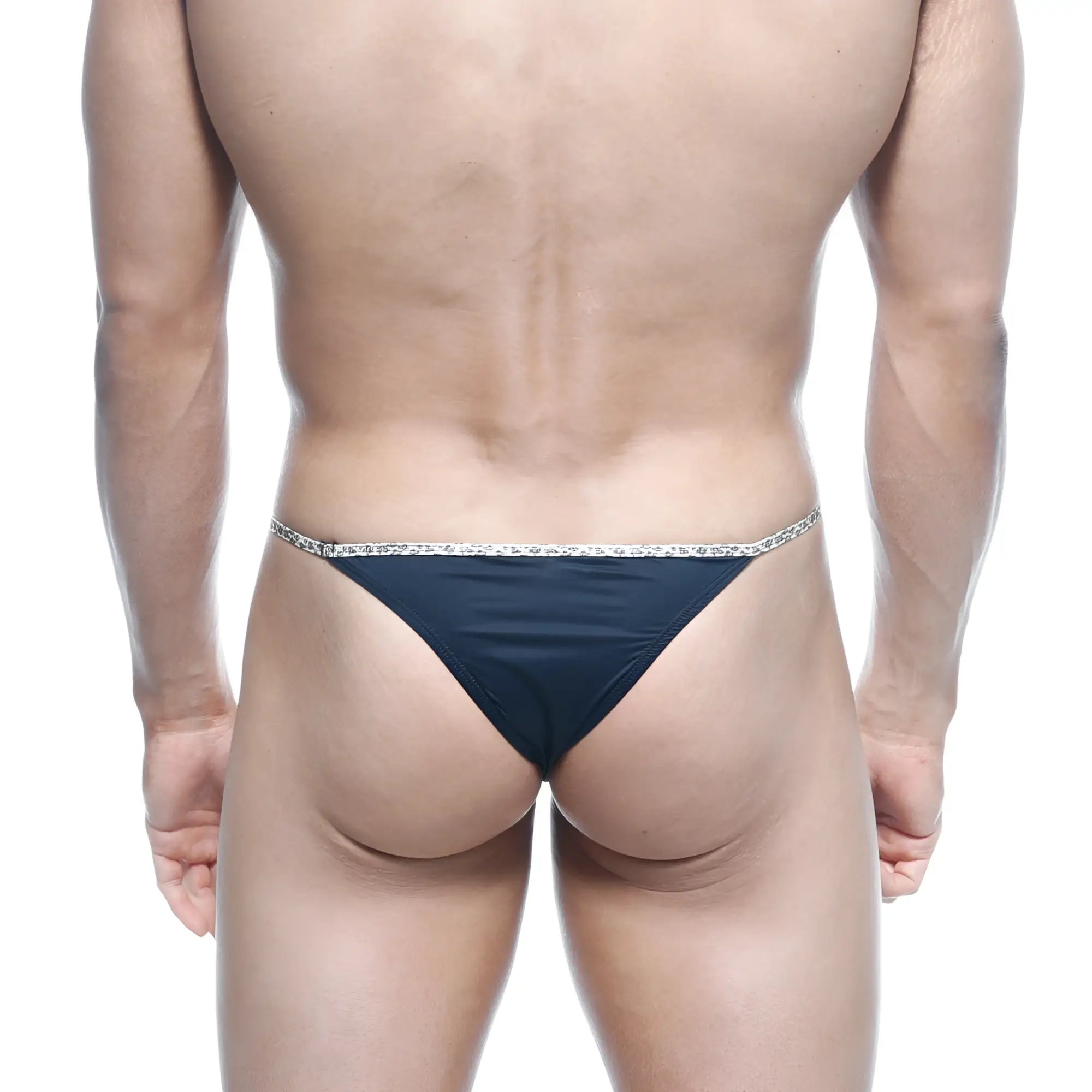 Metro male wear leopard string bikini black thong with sparkling silver trim highlighting sleek design