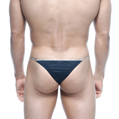 Metro male wear leopard string bikini black thong with sparkling silver trim highlighting sleek design