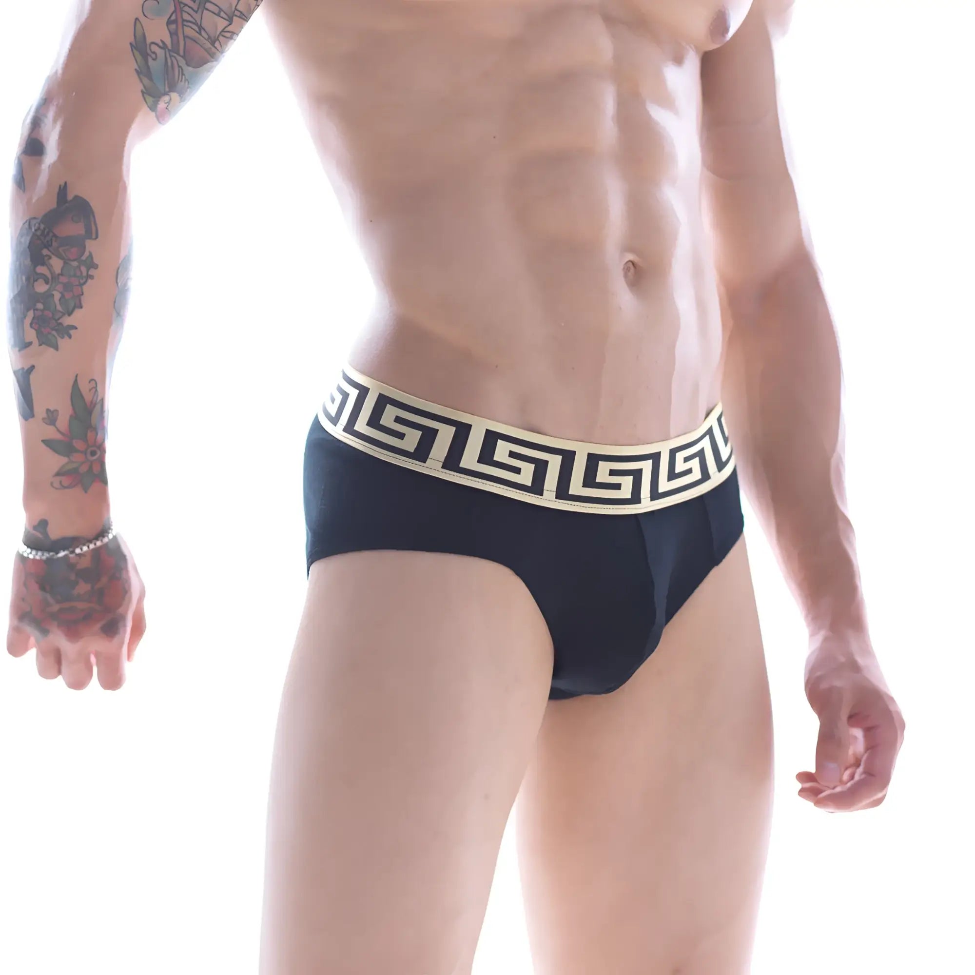 Black metroMalewear limited edition grid hip briefs with cream greek key patterned waistband for stylish comfort