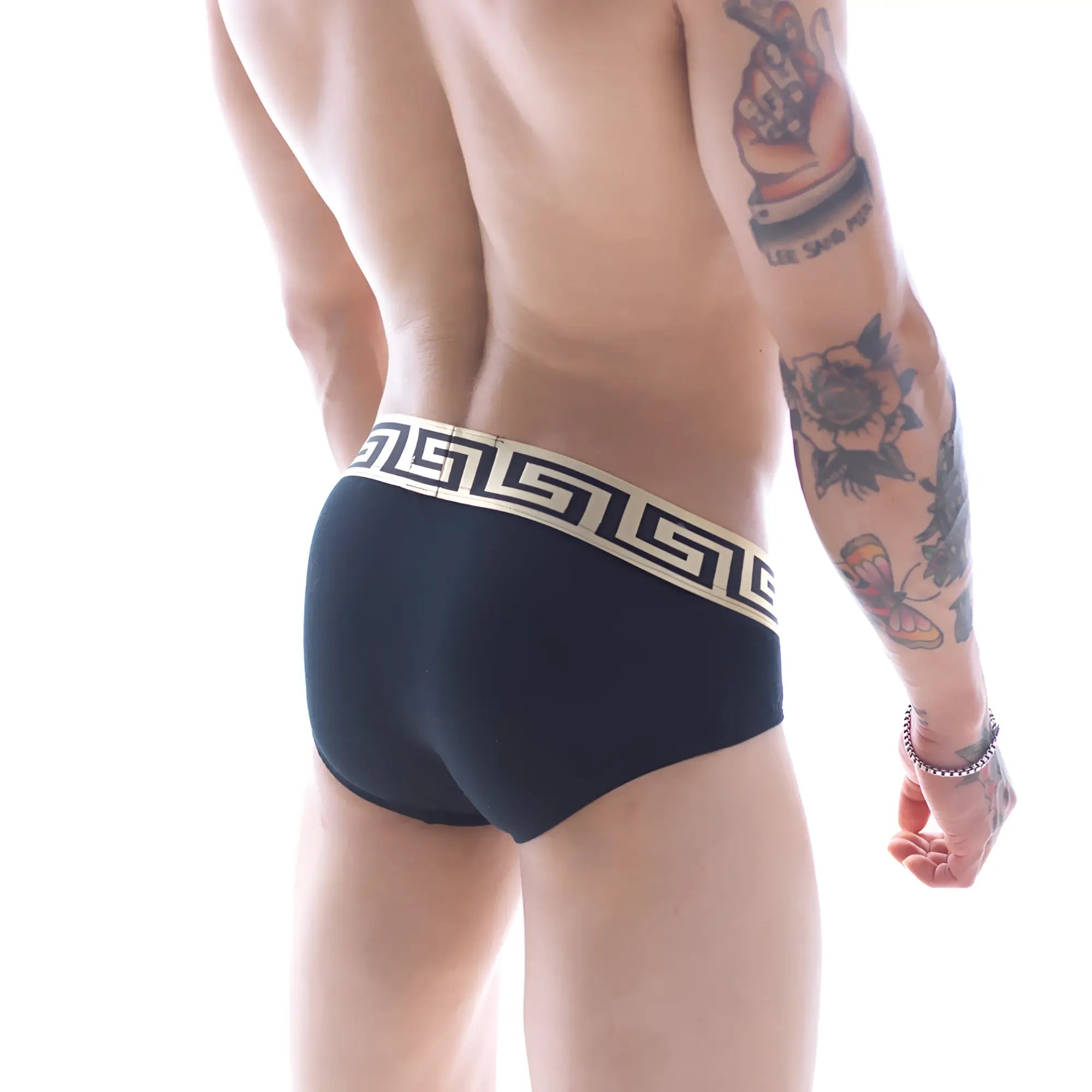 Black briefs with cream greek key patterned waistband from metromalewear limited edition grid hip brief 5003-75