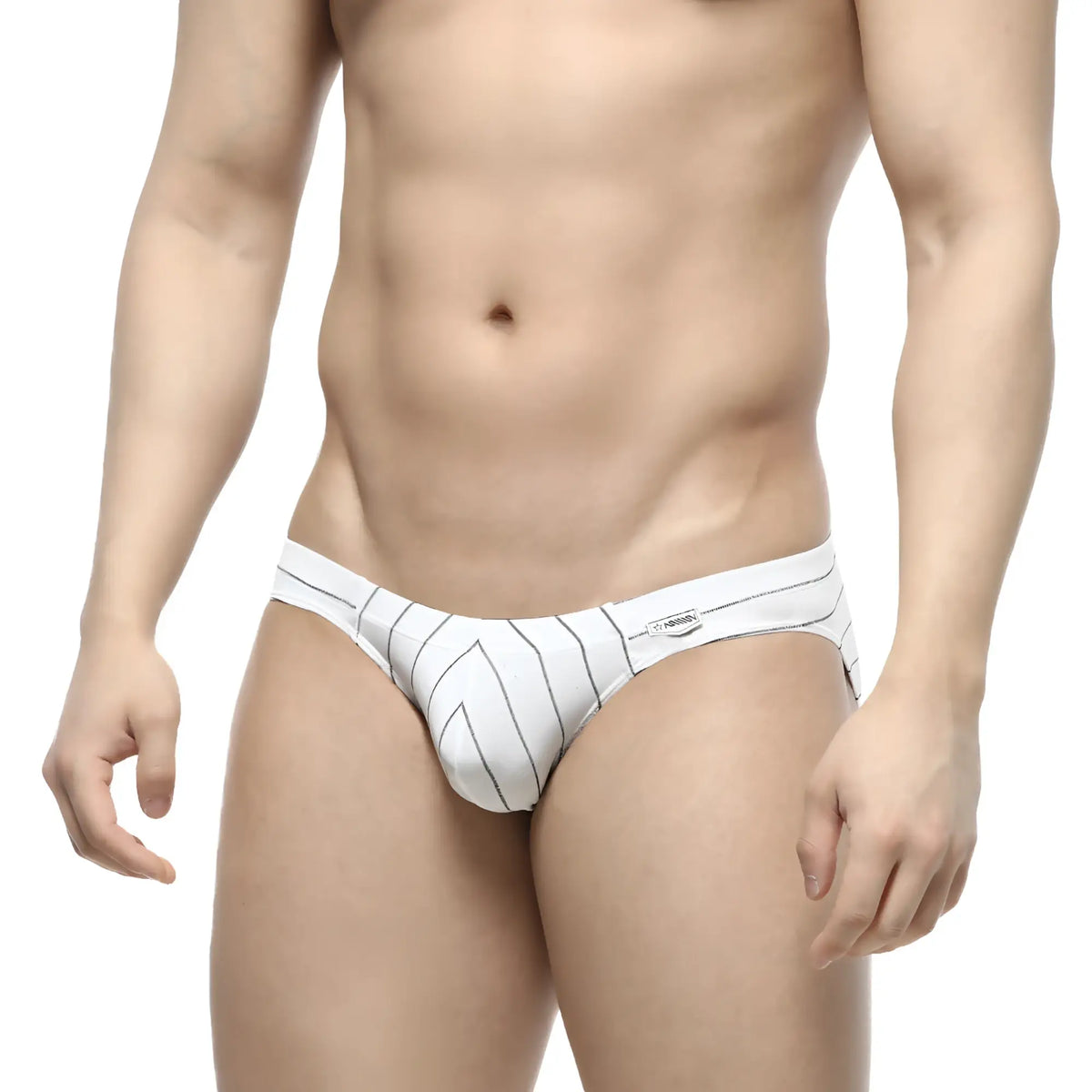 White briefs with black vertical pinstripes and a small MetroMaleWear brand tag on the waistband