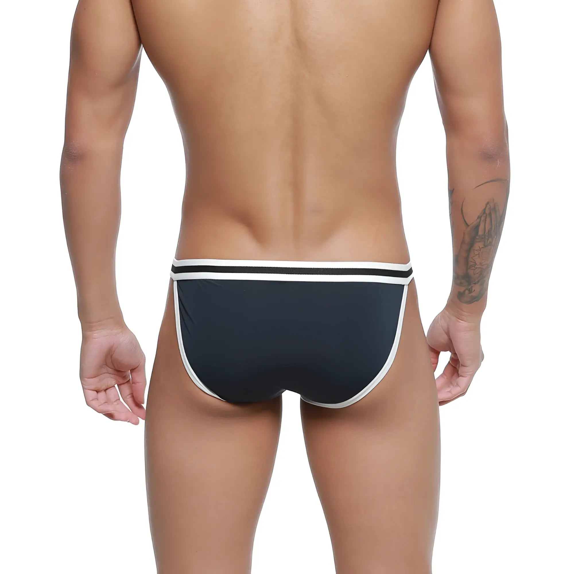MetroMaleWear link bikini dark blue swim trunks with white trim and sleek modern design for men