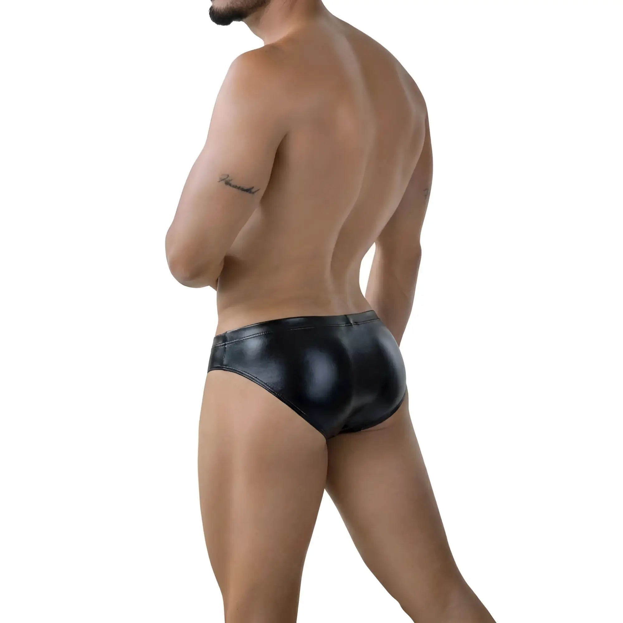 Black shiny faux leather briefs metro malewear liquid bikini 5103-m82 front view with sleek design