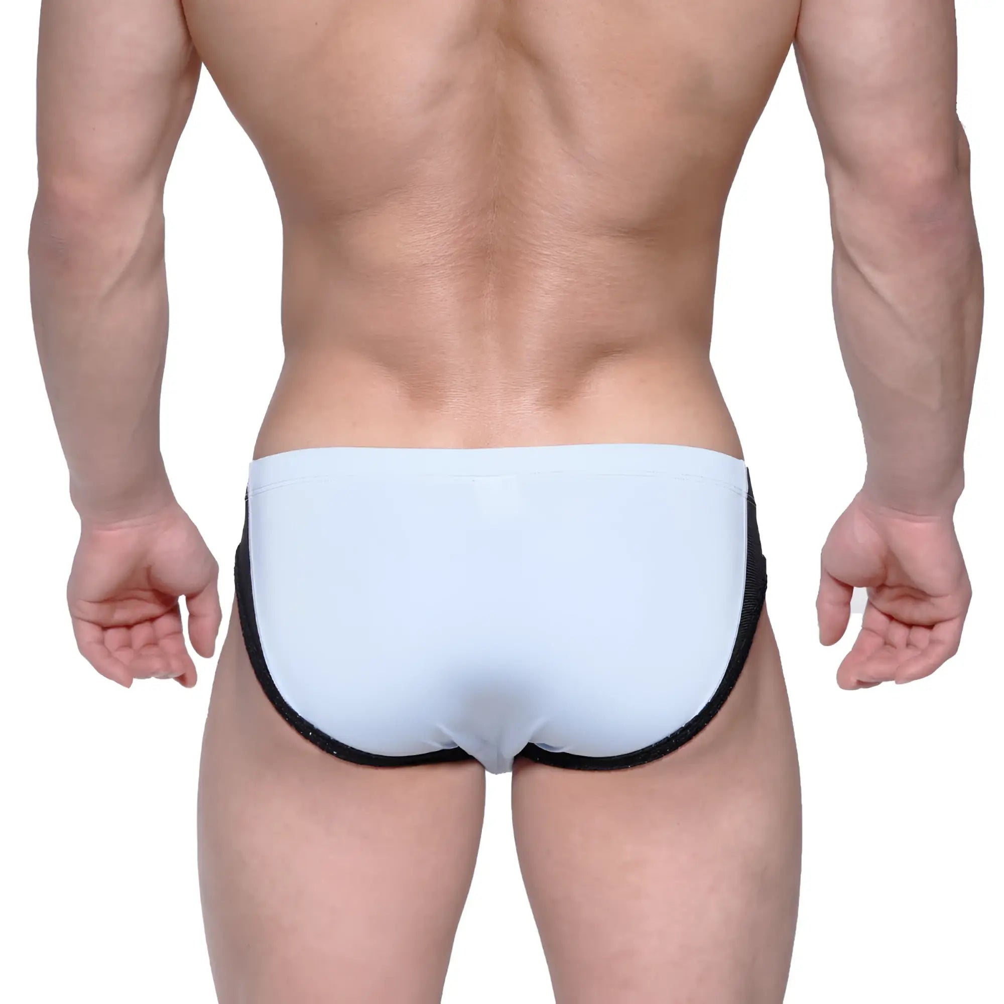 Light blue metro malewear lobo hip brief swim trunks with black trim designed for comfortable swimwear use