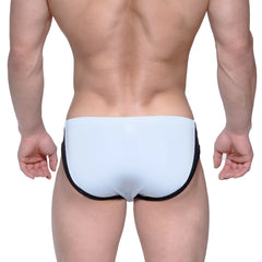 Light blue metro malewear lobo hip brief swim trunks with black trim designed for comfortable swimwear use