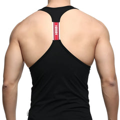 Black metroMalewear logo racerback tank top showing back with red and white vertical stripe down center