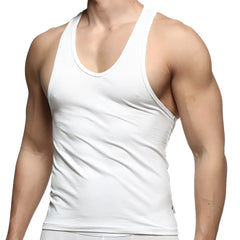 White cotton MetroMaleWear logo tank top with scoop neckline and ribbed trim for casual wear