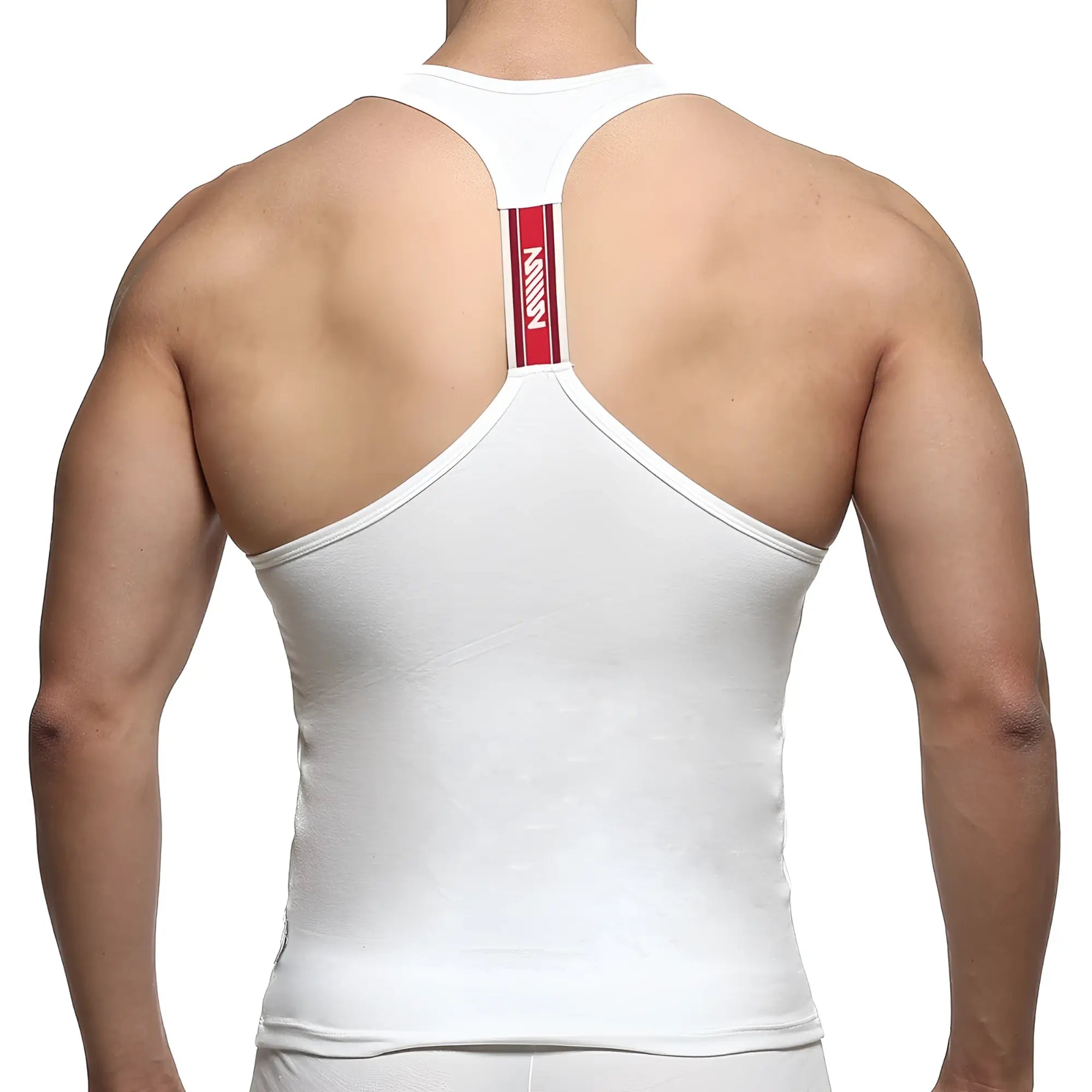 Back view of metro malewear white racerback tank top with red stripe and mann logo down center back