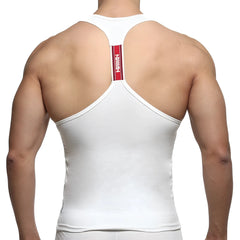 Back view of metro malewear white racerback tank top with red stripe and mann logo down center back