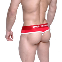 Red and white metrowear thong g-string with a glittery waistband metro malewear loreto crimson 2722-13 front view